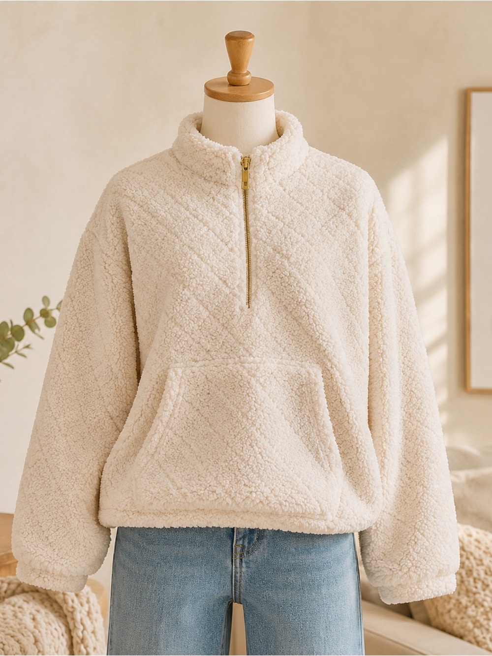 Sherpa Quarter Zip Teddy Fleece Pullover Cream Fuzzy Cozy Sweatshirt Girls Large